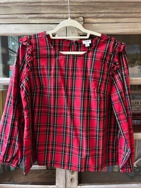 J. Crew Red Plaid Ruffle-Shoulder Dress Top